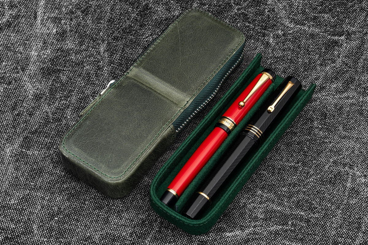 Galen Leather Co. Zipper Magnum Opus 2 Slot Hard Pen Case - Crazy Horse Green