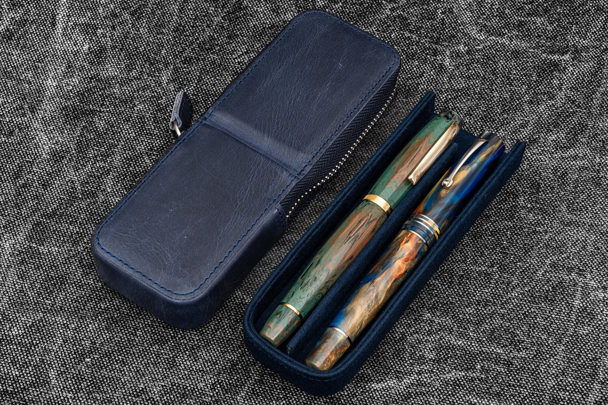 Galen Leather Co. Zipper Magnum Opus 2 Slot Hard Pen Case - Crazy Horse Navy