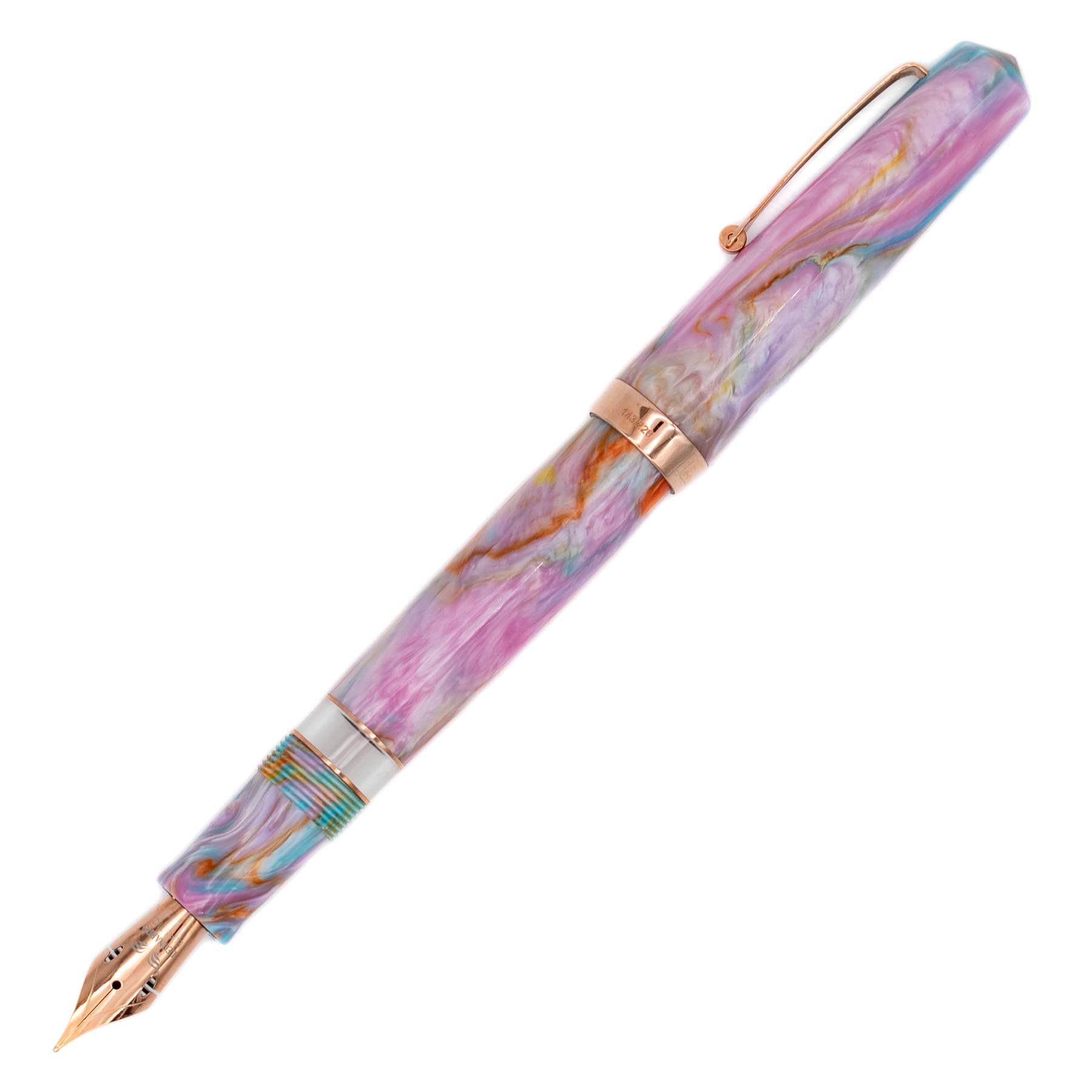 A fountain pen with the cap posted on a marbled resin body in pastel pink, purple, blue, and orange, accented by rose gold metal trim and a gold-toned nib.