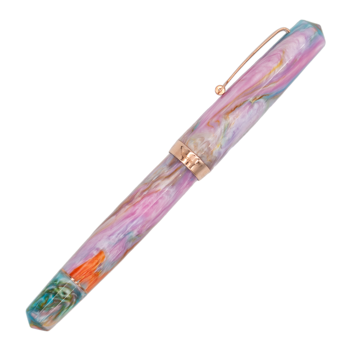 A fountain pen with a marbled resin body in pastel pink, purple, blue, and orange, accented by rose gold metal trim.