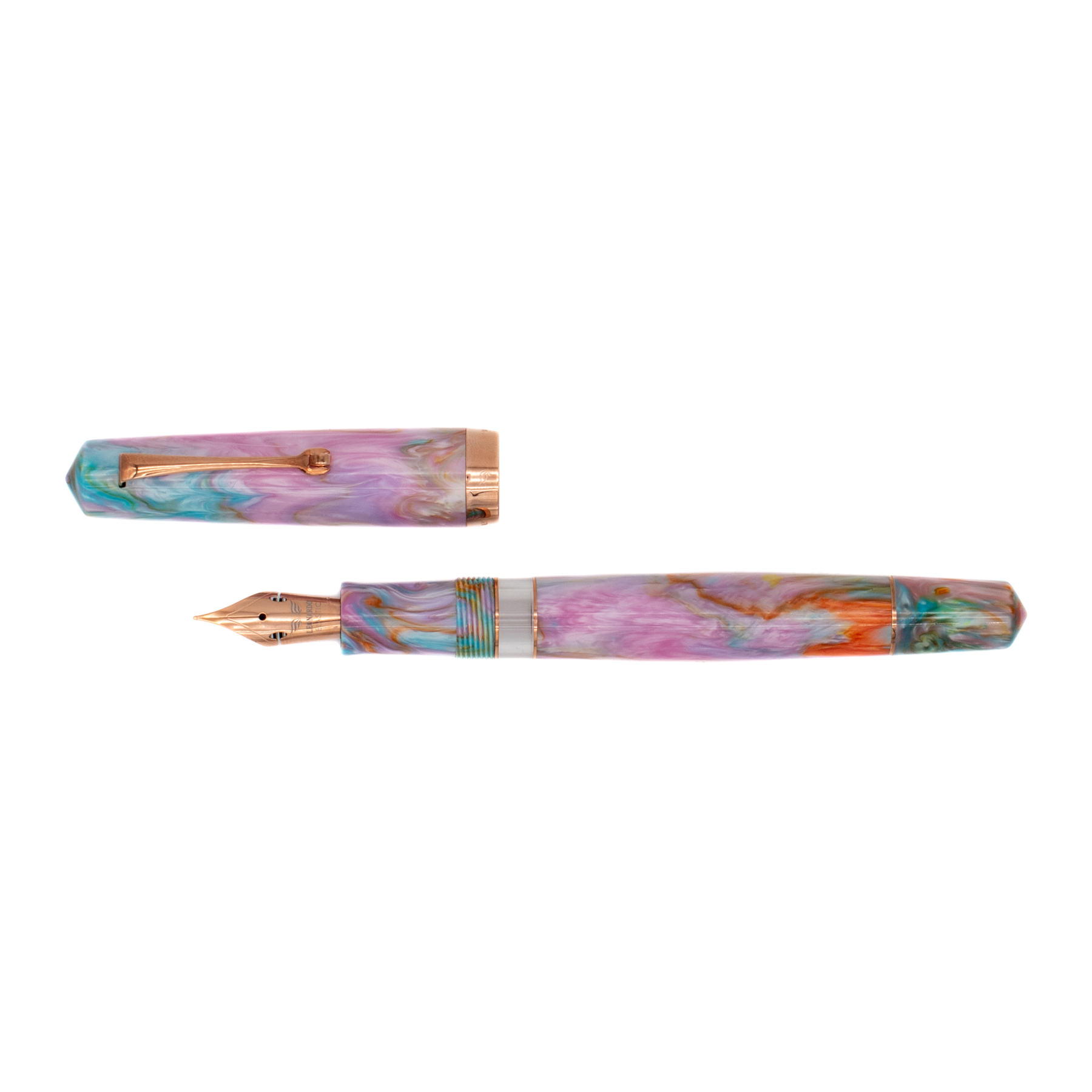 A fountain pen parallel to its cap. Both pieces have a marbled resin body in pastel pink, purple, blue, and orange, accented by rose gold metal trim and a gold-toned nib.