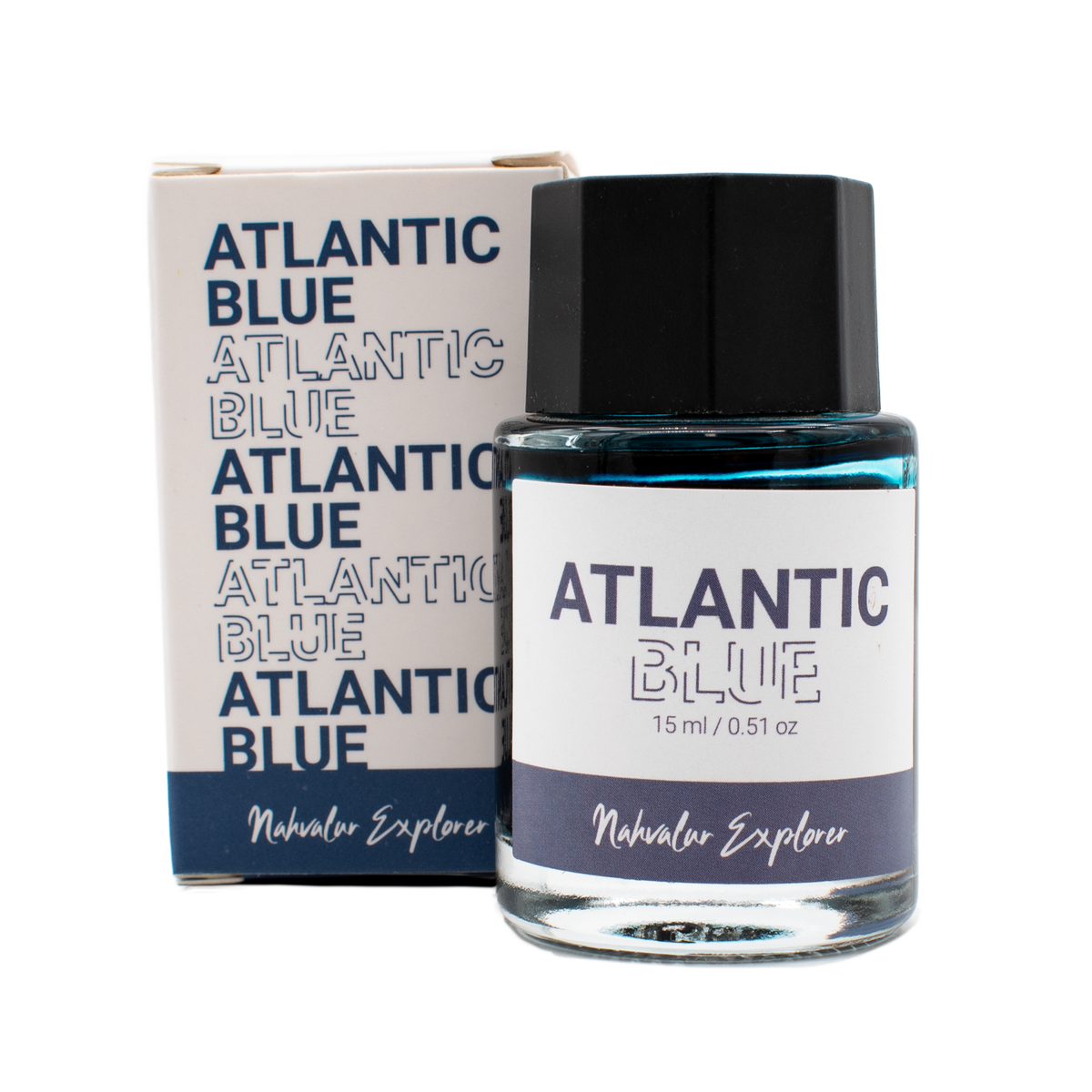 A 15 ml bottle of 'Atlantic Blue' in the Nahvalur Explorer collection with its box on a plain white background.
