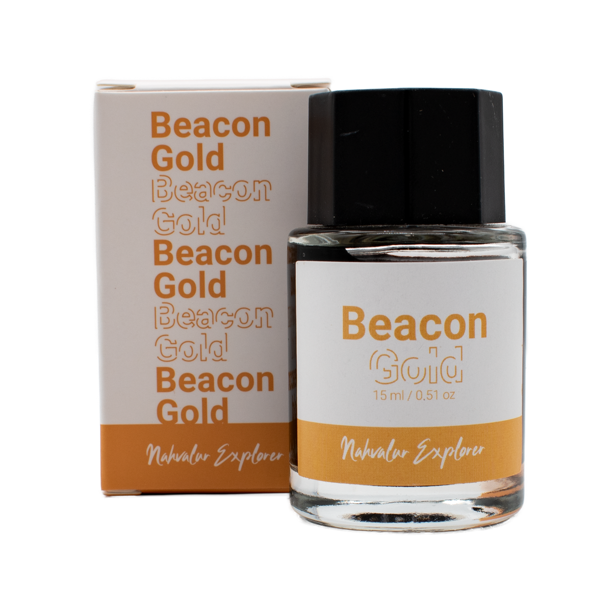 A 15 ml bottle of 'Beacon Gold' in the Nahvalur Explorer collection with its box on a plain white background.