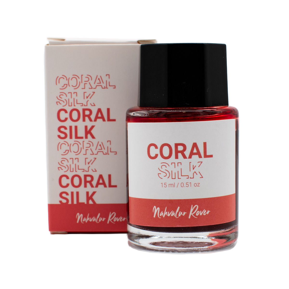 A 15 ml bottle of 'Coral Silk' in the Nahvalur Rover collection with its box on a plain white background.
