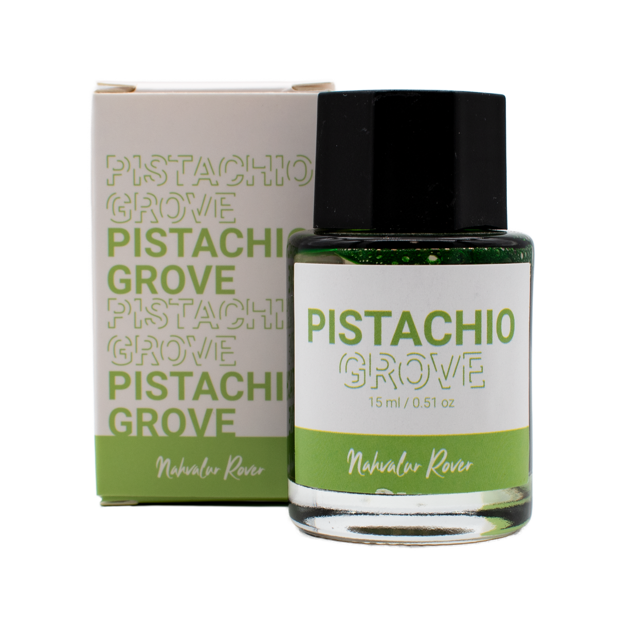 A 15 ml bottle of 'Pistachio Grove' in the Nahvalur Rover collection with its box on a plain white background.