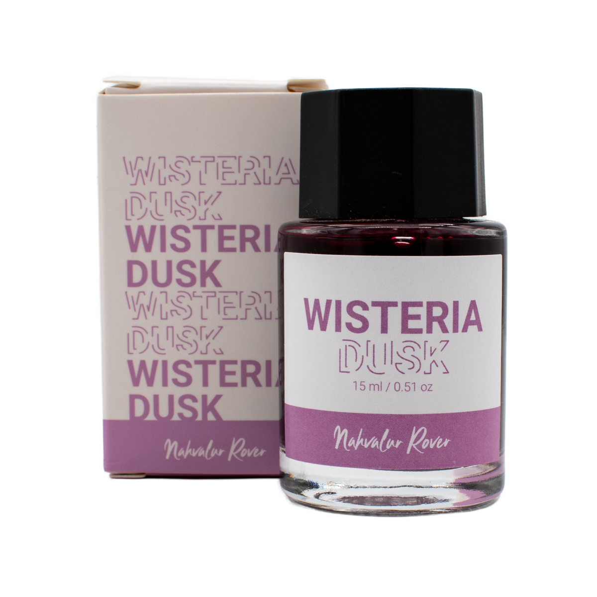 A 15 ml bottle of 'Wisteria Dusk' in the Nahvalur Rover collection with its box on a plain white background.