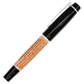 A wood barrel fountain pen with the Sanskrit 'Heart Sutra' engraved in it with black and silver trim details shown on a plain white background.