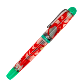 A red and green translucent fountain pen with a black trimmed cap and gold decorative details shown diagonally on a plain white background.
