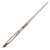 A brushed antique silver calligrapher's dip pen with coffee beans and a floral design. There is a bronze-toned nib with a keyhole accent.