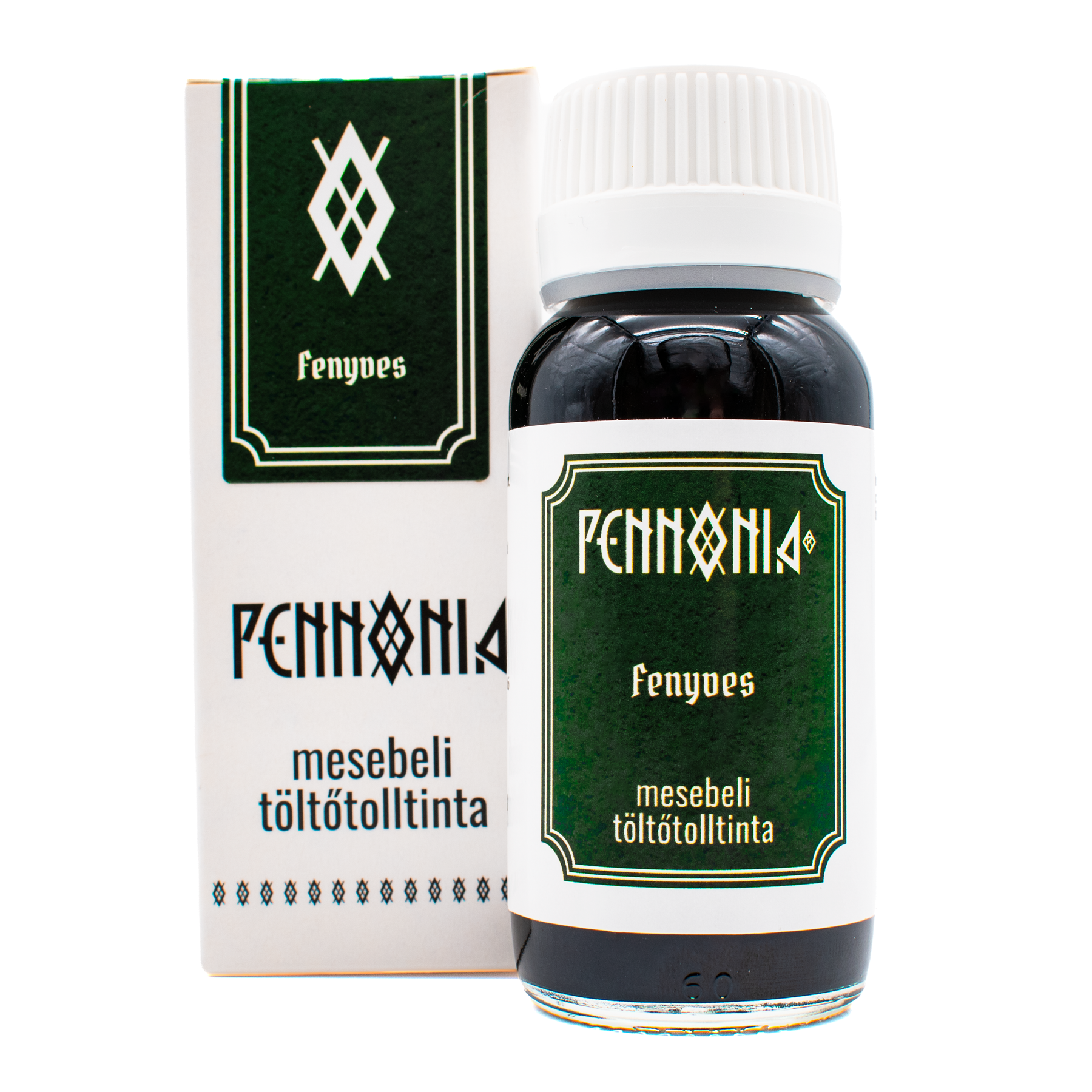 A bottle of 'Fenyves' Pennonia ink next to its white and dark green packaging box on a white background.
