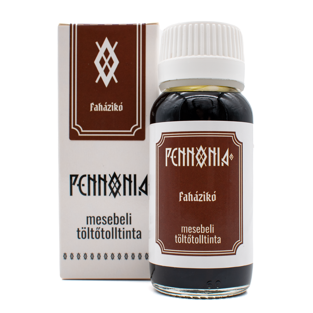 A bottle of 'Faházikó' Pennonia ink next to its white and brown packaging box on a white background.