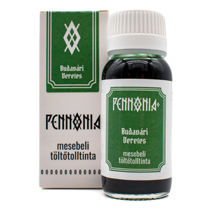 A bottle of 'Budavári Veretes' Pennonia ink next to its white and green packaging box on a white background.