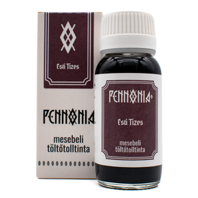 A bottle of 'Esti Tízes' Pennonia ink next to its white and dark burgundy packaging box on a white background.
