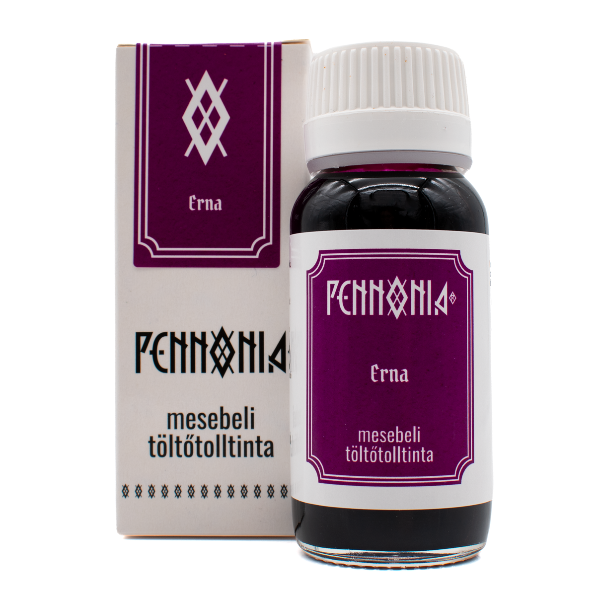A bottle of 'Erna' Pennonia ink next to its white and dark magenta packaging box on a white background.