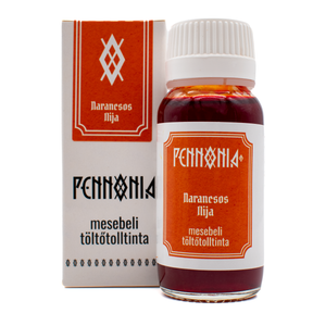 A bottle of 'Narancsos Ilija' Pennonia ink next to its white and orange packaging box on a white background.