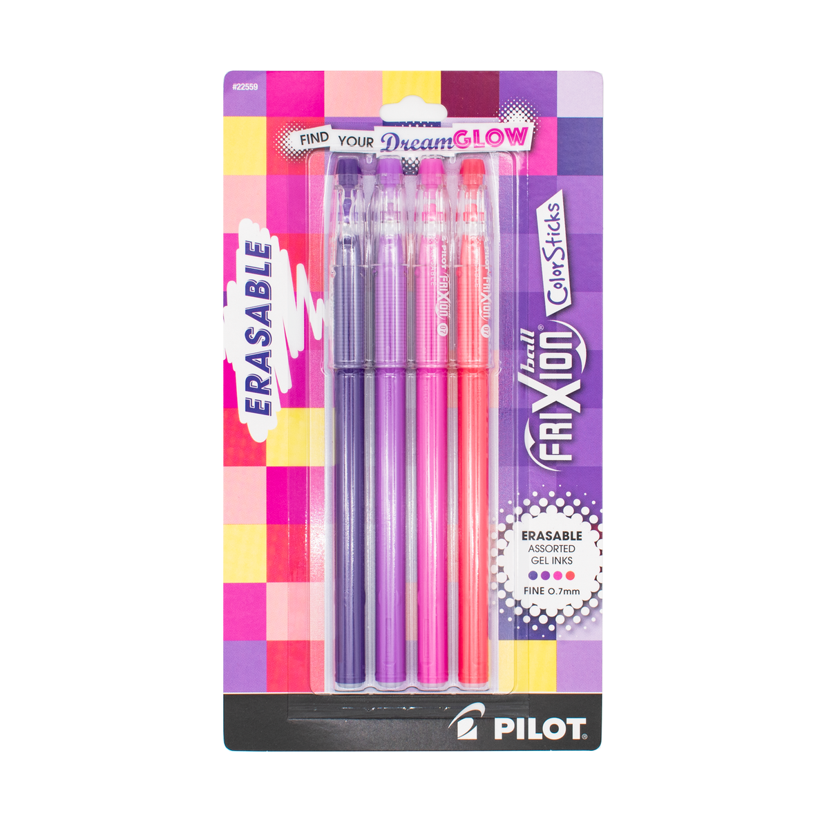 Pilot Frixion Erasable Colorsticks Assorted pens in a 4-pack, featuring purple, lilac, pink, and salmon gel pens in a colorful packaging on a plain white background.