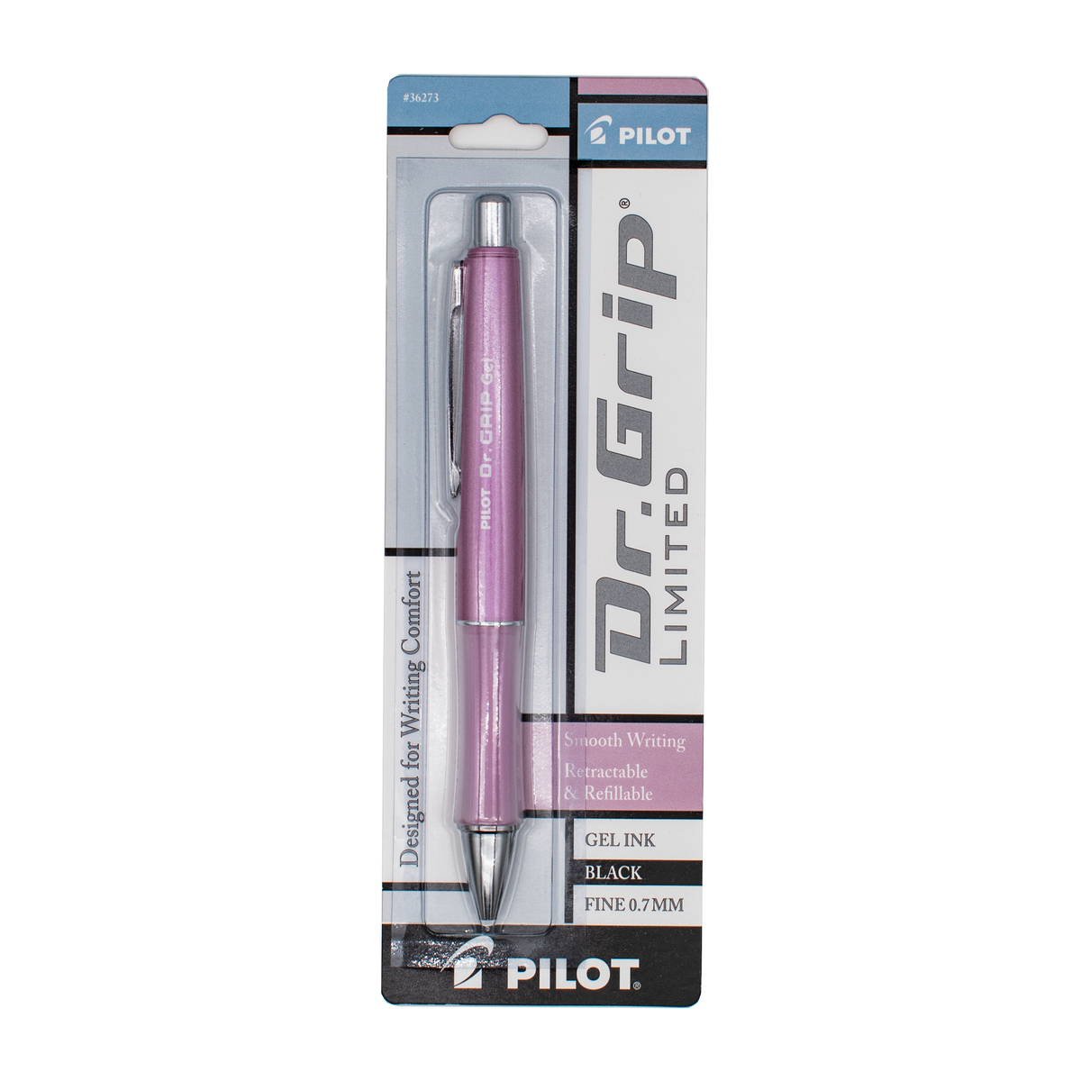 A packaged metallic pink pen with silver trim and a clear grip on a plain white background.