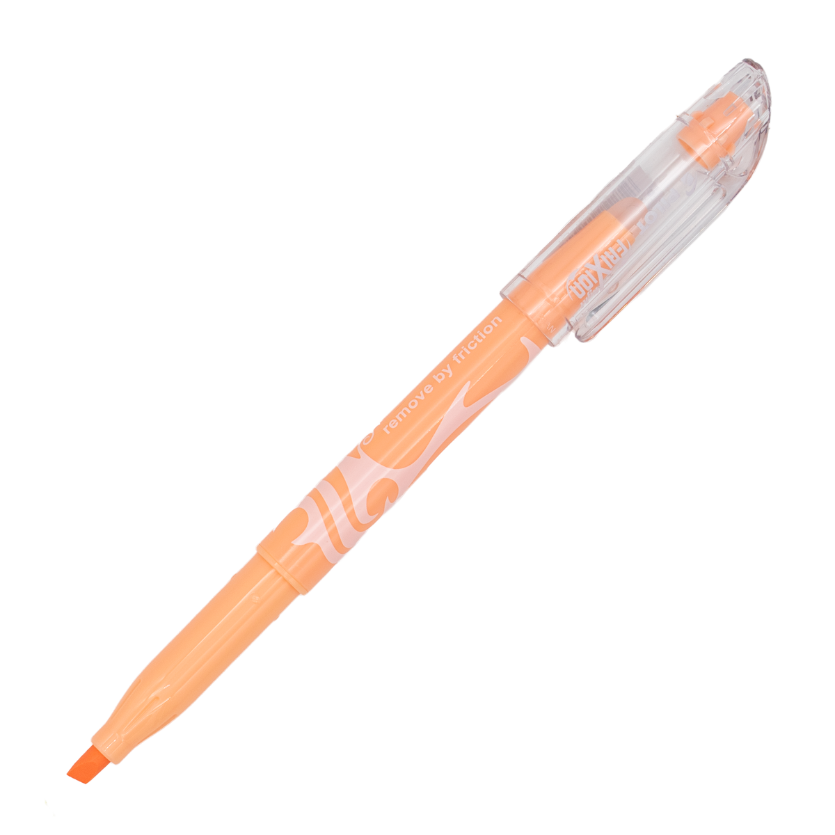 A pastel orange retractable chisel highlighter with a clear plastic cap, shown diagonally on a solid white background.