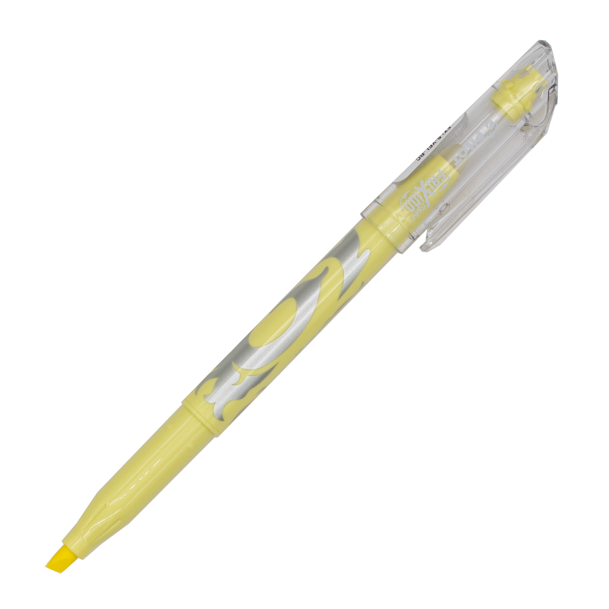 A yellow chisel highlighter with a clear plastic cap, shown diagonally on a solid white background.
