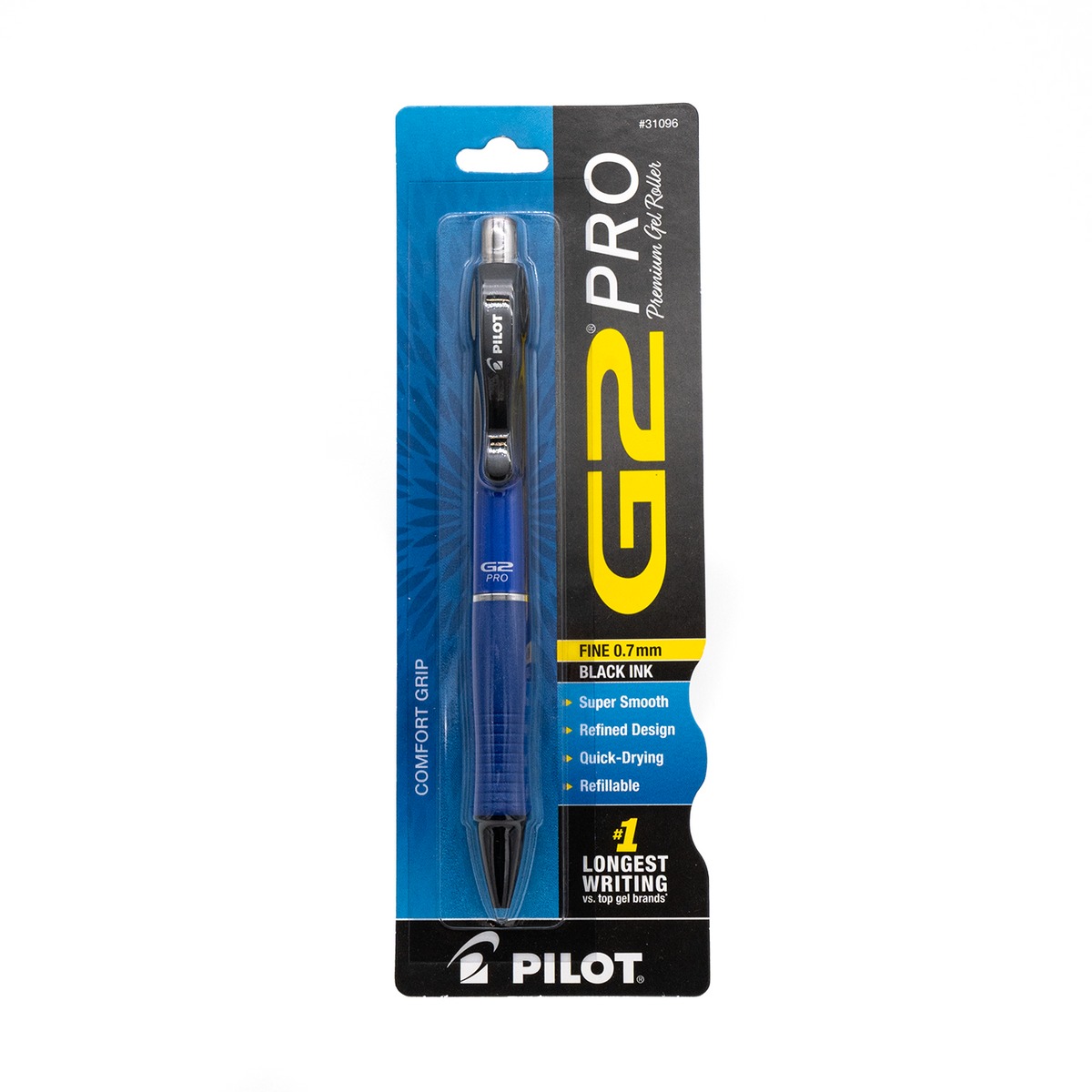 Packaged retractable fine .7 mm Pilot G2 Pro, blue barrel with black and silver details, black ink on a plain white background.
