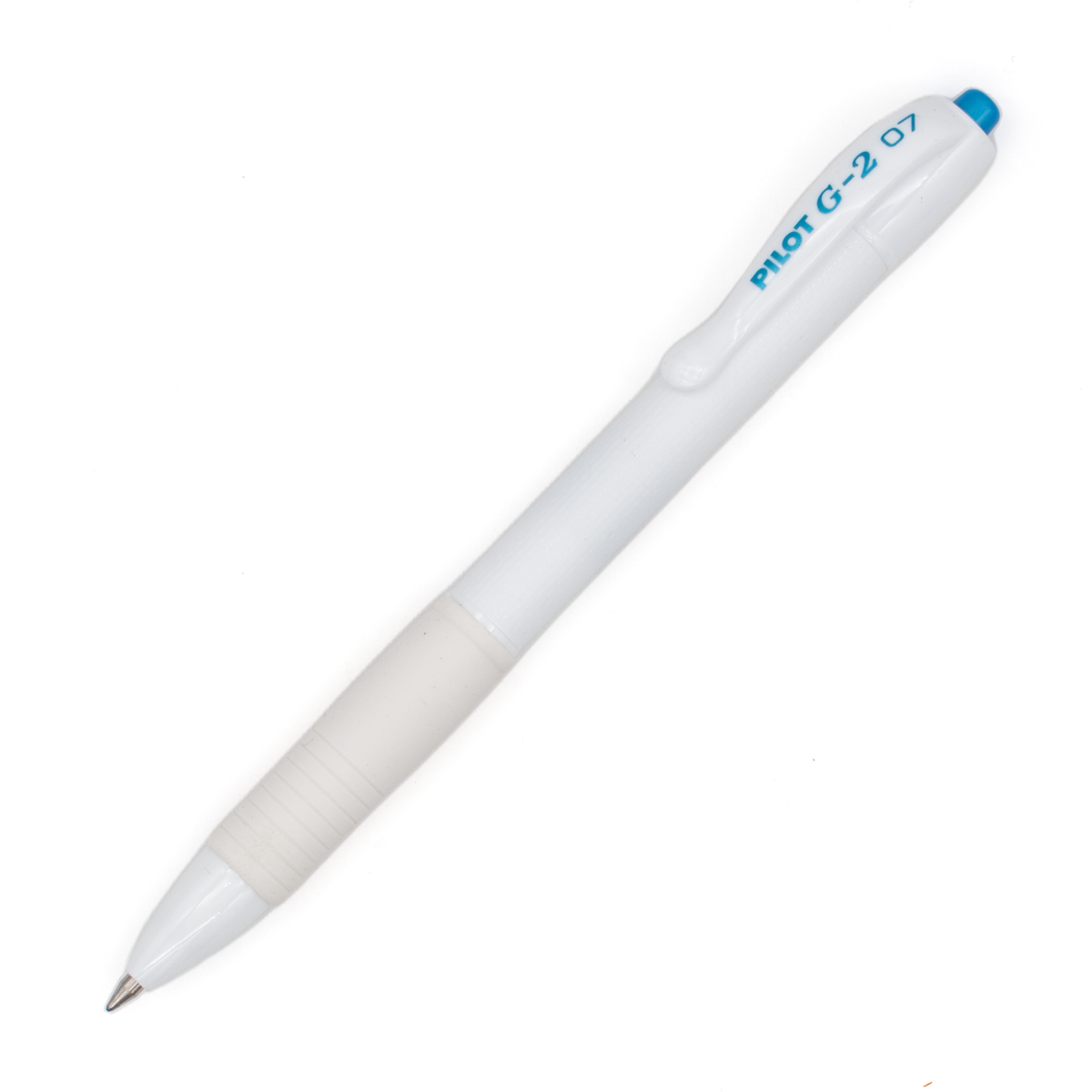 A white Pilot G-2 gel pen with a blue push button clicker and matching printed branding, shown diagonally on a plain white background.