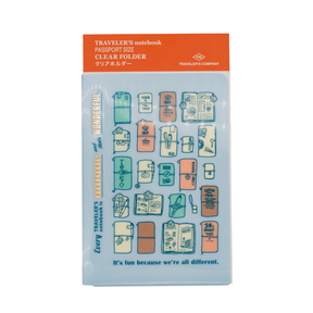 A passport sized translucent light blue folder with various journals in different colors with the words 'Every TRAVELER'S notebook is unique and that's wonderful' on the left and 'It's fun because we're all different." on the bottom below the journal illustrations.