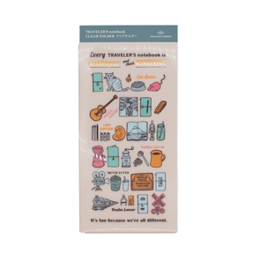 A regular sized Traveler's Company cream colored folder with various icons of varying colors. The top of the folder says 'Every TRAVELER'S notebook is unique and that's wonderful' 'cat lover' 'music lover' 'art lover' 'coffee lover' 'movie lover' 'train lover' for each row of illustrations and the bottom of the folder says 'It's fun because we're all different.' This folder is on a white background.