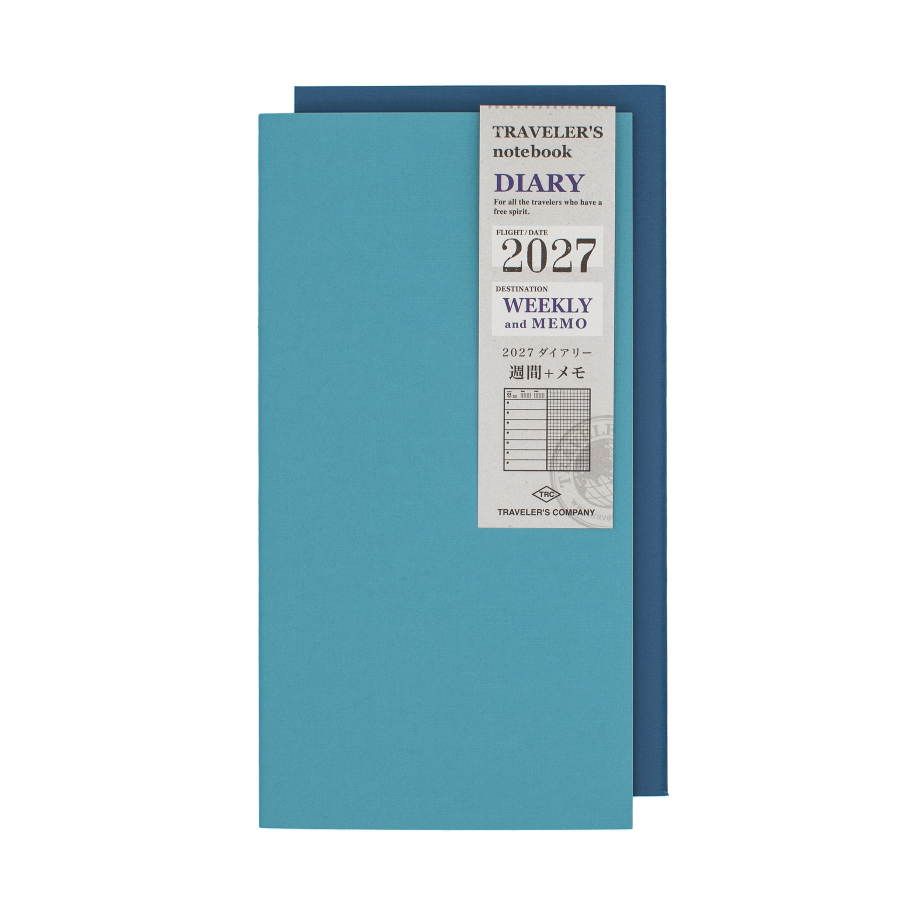A light blue and a dark blue Traveler's notebook in the 2027 weekly and memo diary on a plain white background.