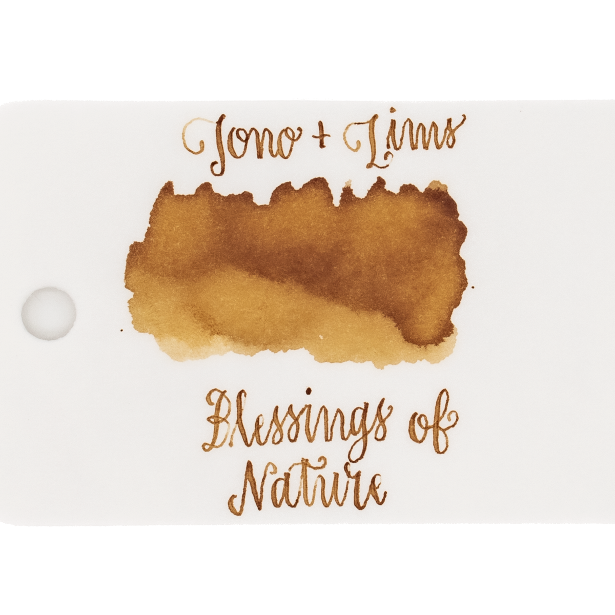An ink swatch in a camel brown on white paper, with the text 'Tono+Lims' at the top and 'Blessings of Nature' at the bottom in matching brown script on a plain white background.