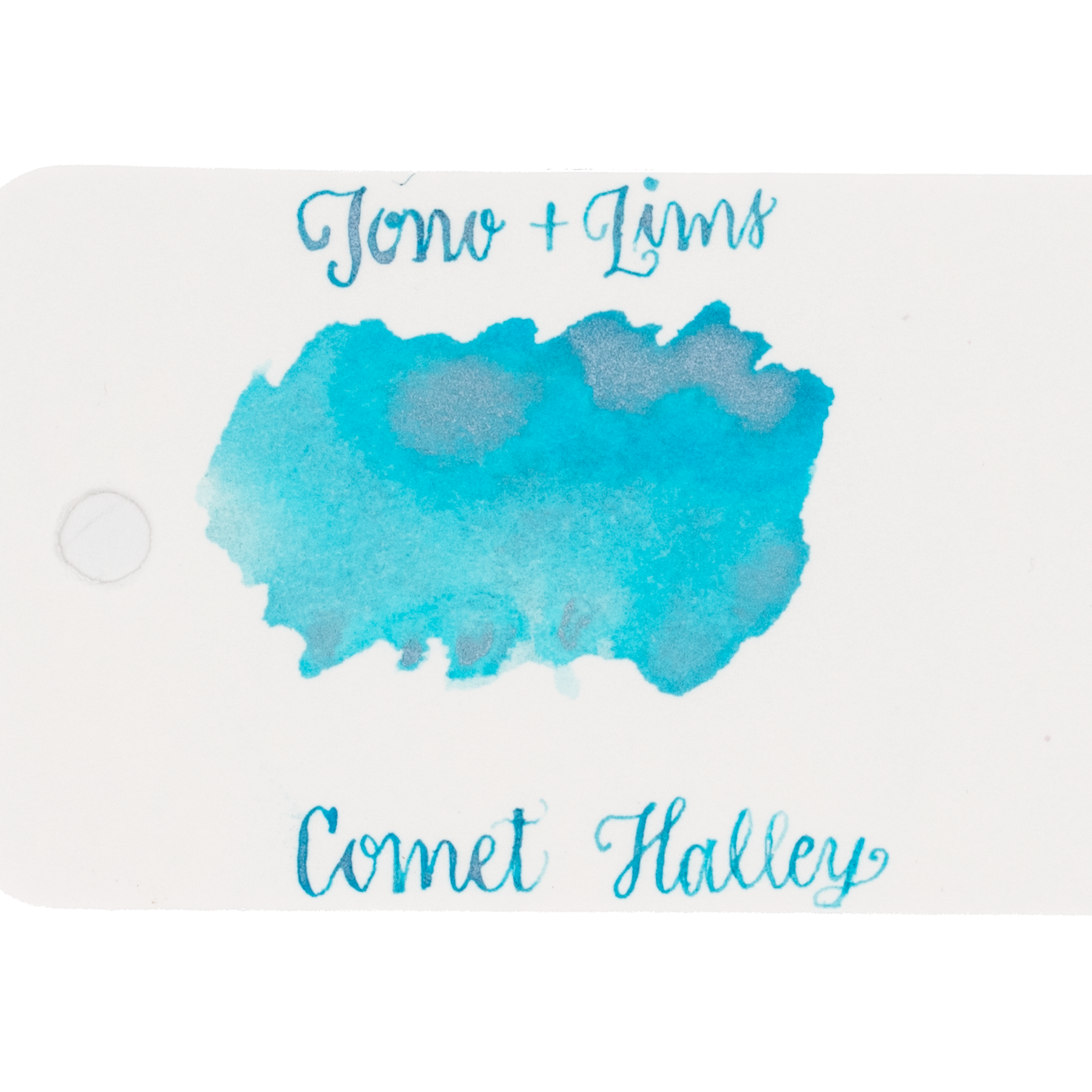 An ink swatch in a bright turquoise on white paper, with the text 'Tono+Lims' at the top and 'Comet Halley' at the bottom in matching red script on a plain white background.