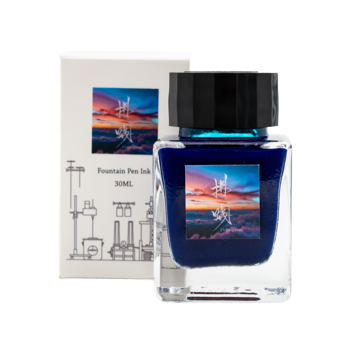 A bottle of blue fountain pen ink with the box packaging on a plain white background.