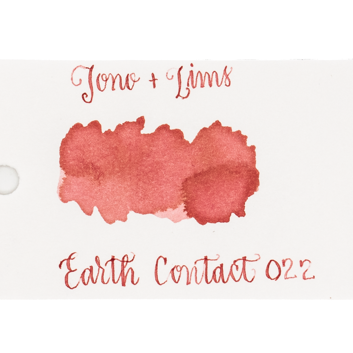 An ink swatch in a brick red on white paper, with the text 'Tono+Lims' at the top and 'Earth Contact 022' at the bottom in matching red script on a plain white background.
