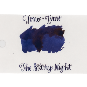 An ink swatch in dark navy blue on white paper, with the text 'Tono+Lims' at the top and 'The Starry Night' at the bottom in matching navy script on a plain white background.