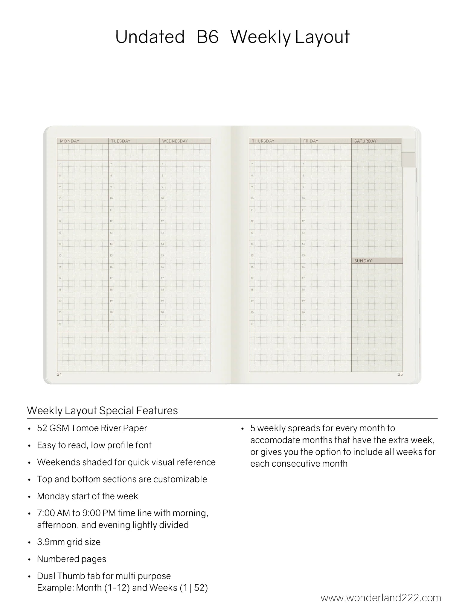 Wonderland222 Undated Weekly Planner B6 - Core - Stacked Weekends