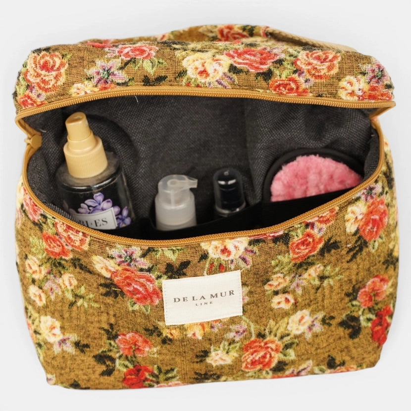 De La Mur Line US Inc. - Floral Jacquard Large Squared Makeup Bag - Mustard & Red