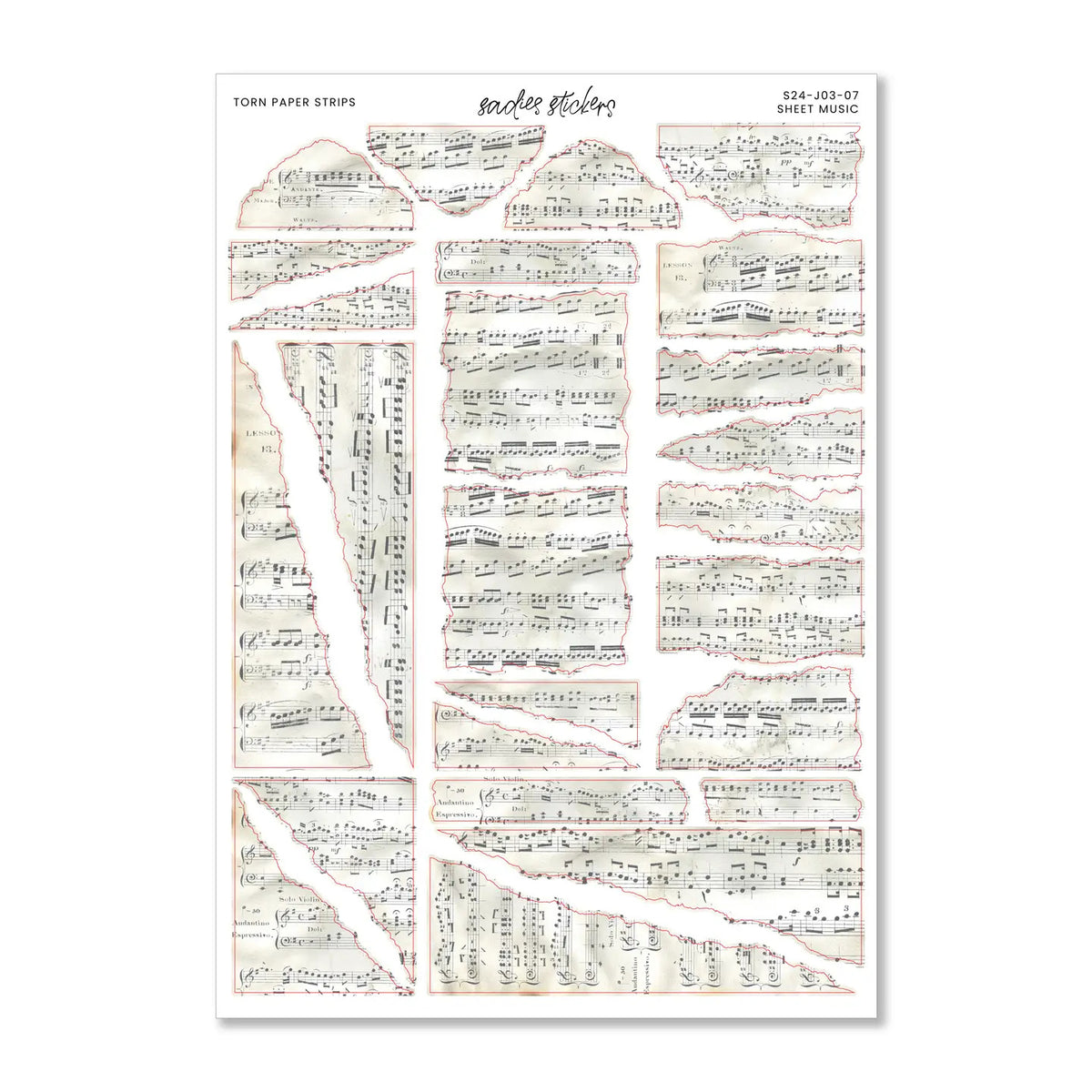 Sadie's Stickers - Sheet Music Torn Paper Strips Sticker Sheet