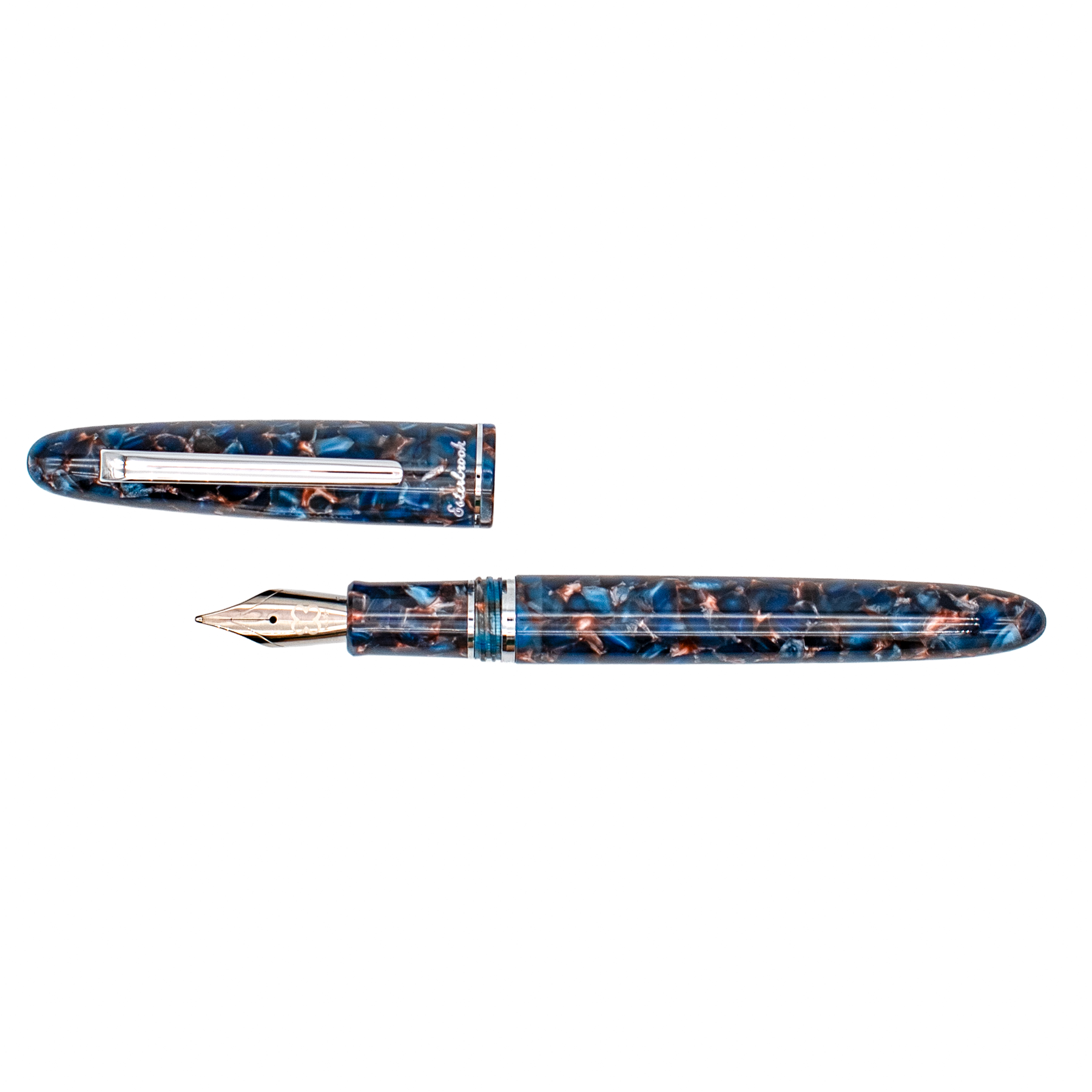 A fountain pen with a marbled blue and copper-brown resin barrel and cap, featuring a silver-tone nib and trim, shown on a plain white background.