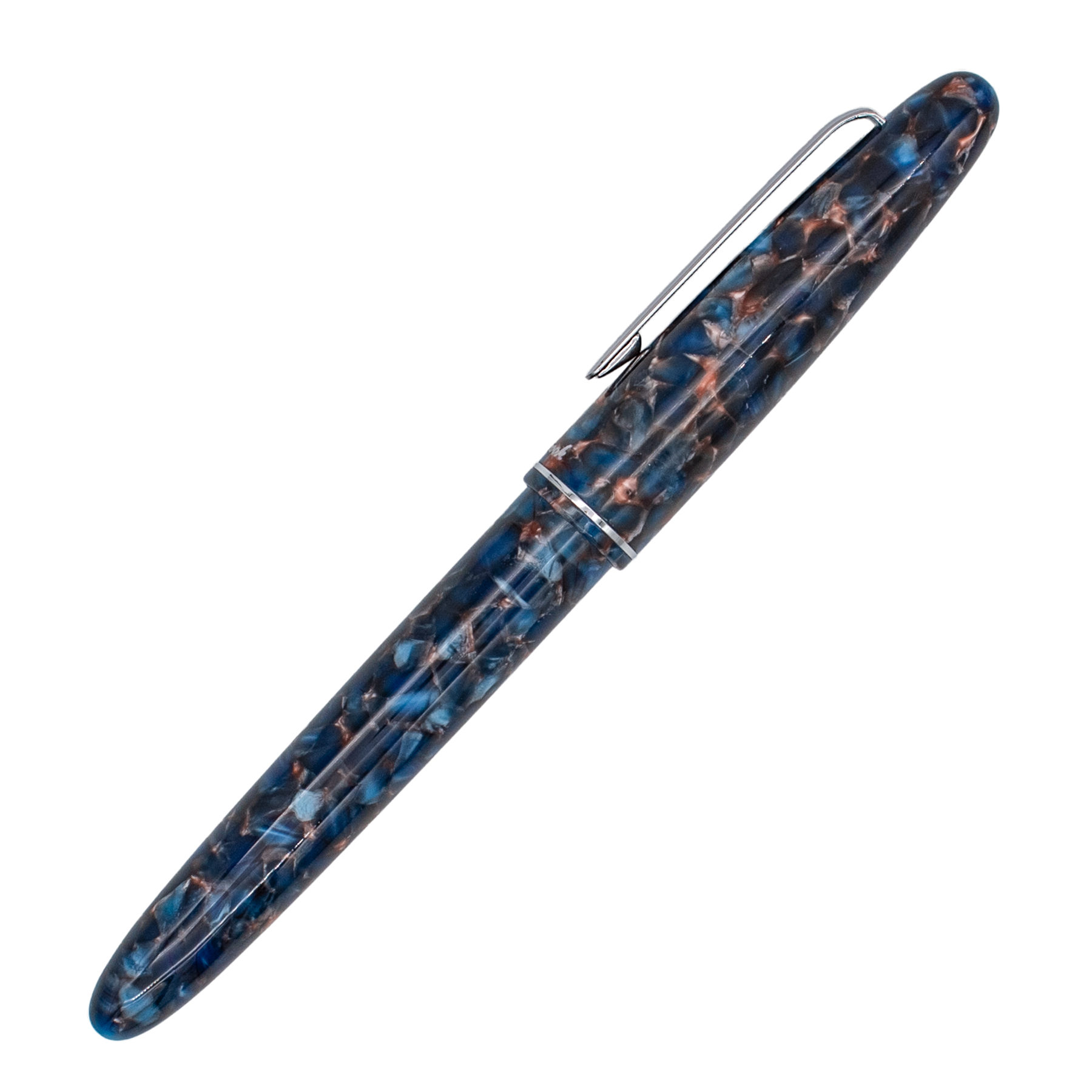 A marbled resin pen with a blue, black, and copper-brown pattern, featuring a silver metal clip and trim, shown on a plain white background.