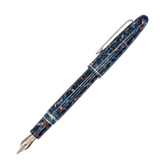 A fountain pen with a marbled blue and copper-brown resin barrel and cap, featuring a silver-tone nib and trim, shown on a plain white background.