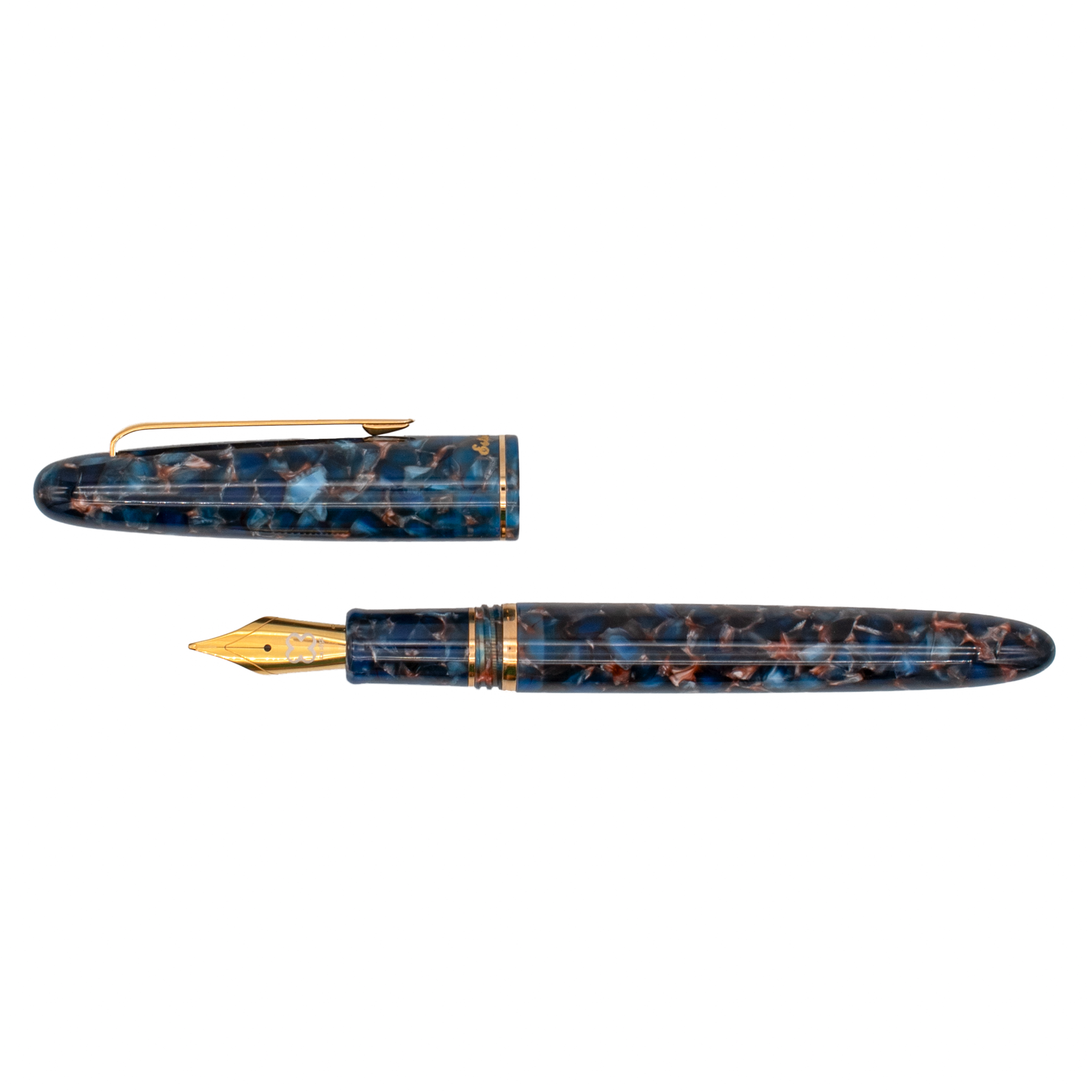Navy blue marble abstract fountain pen with the cap placed above the barrel with gold trim accents on a plain white background.