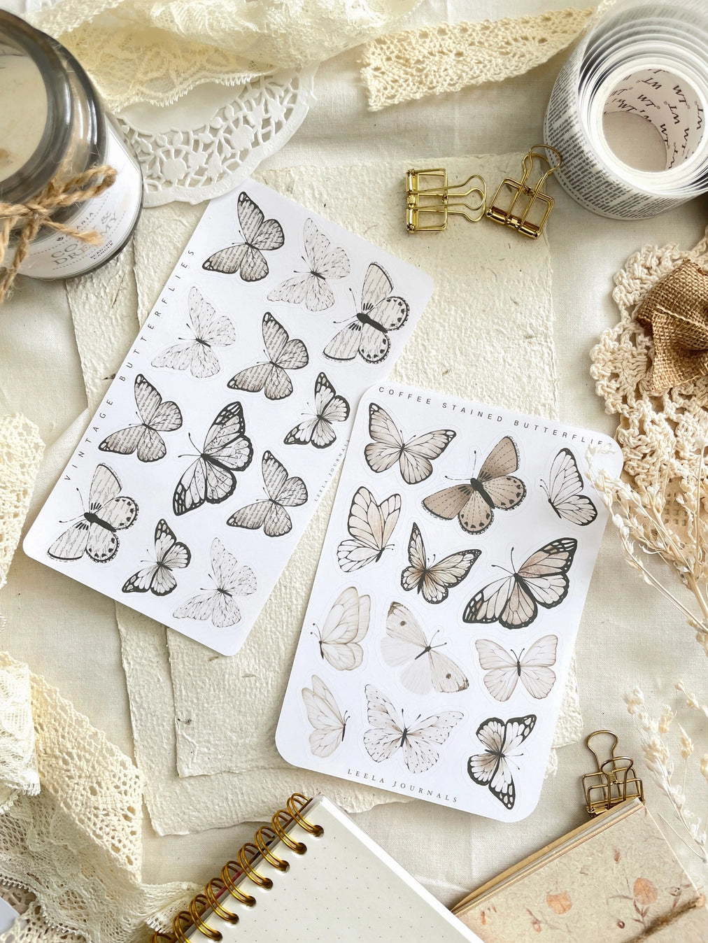 Leelajournals Coffee Stained Butterfly Sticker Sheet Set