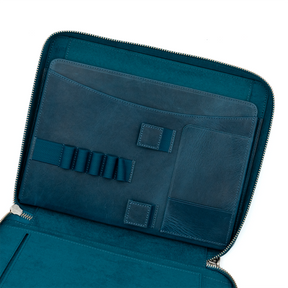 Galen Leather Co. Leather Compendium Bag - A4 Zippered Folio Organizer - Crazy Horse Ocean