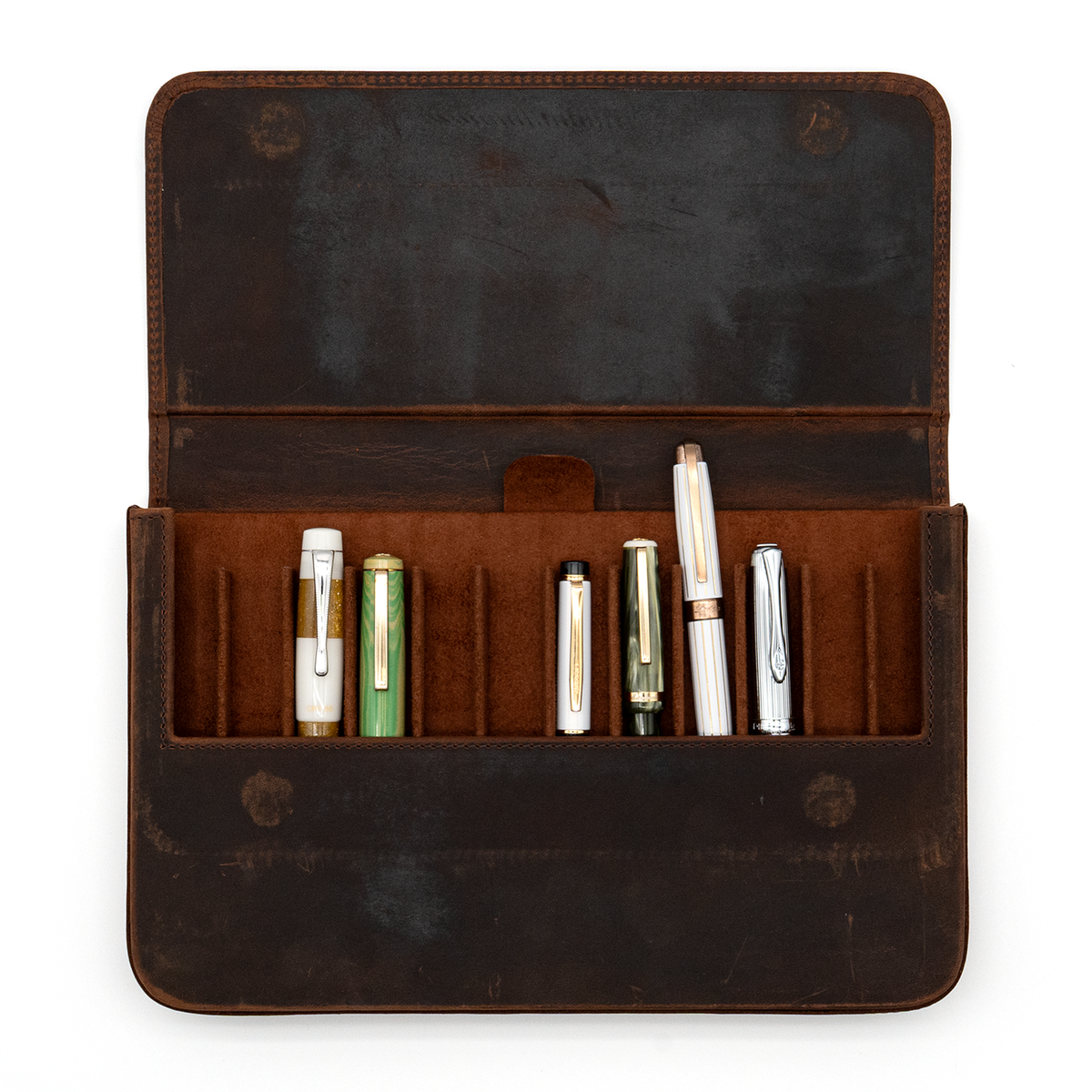 Galen Leather Co. Magnum Opus 12 Slot Hard Magnetic Pen Case- Crazy Horse Havana Brown