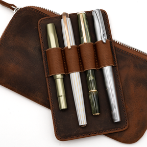 Galen Leather Co. Slip-N-Zip 4 Pen Pouch - Crazy Horse Havana Brown