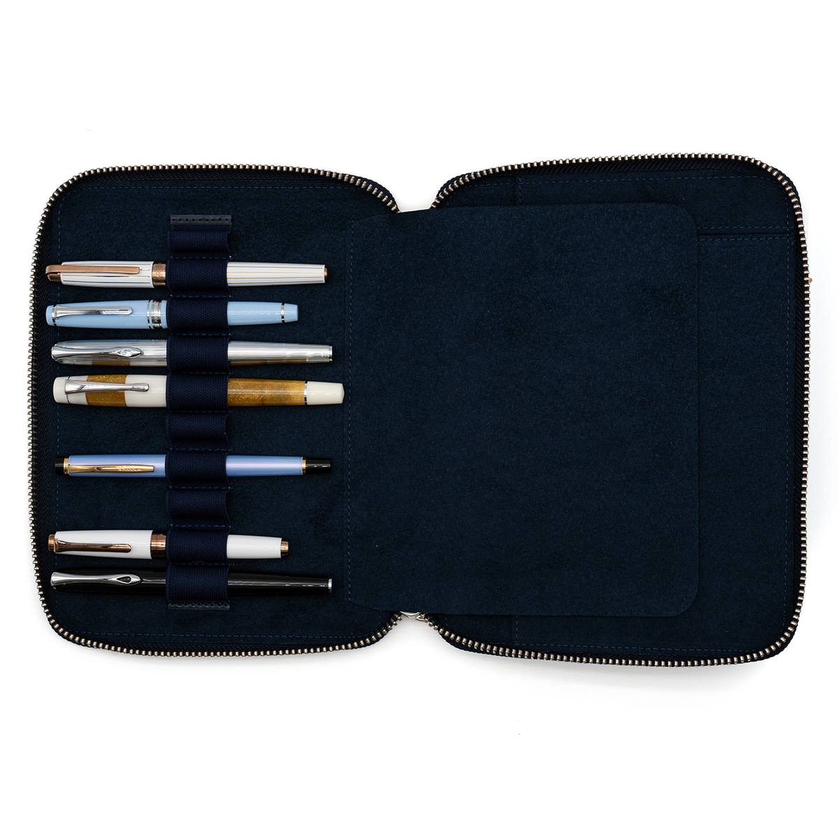 Galen Leather Co. Zippered 10 Slot Pen Case with A5 Notebook Holder - Crazy Horse Navy Blue