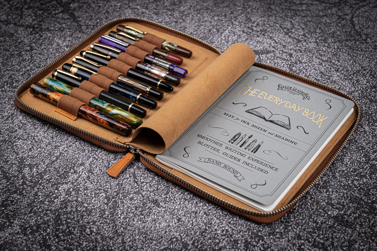 Galen Leather Co. Zippered 10 Slot Pen Case with A5 Notebook Holder- Crazy Horse Honey Ochre