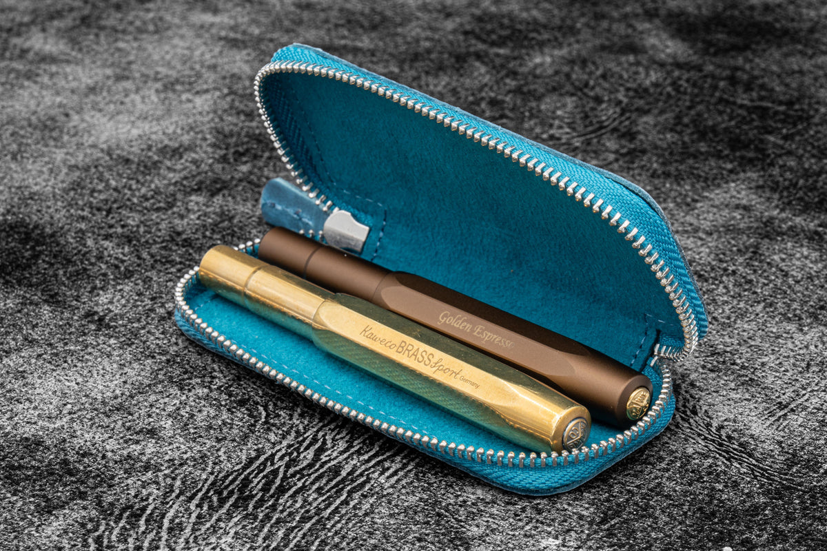 Galen Leather Co. Zippered Double Pen Case For Kaweco - Crazy Horse Ocean