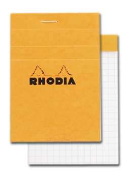3 x 4" top staplebound notepad with an orange cover, from Rhodia.  Measures 3 x 4" 80 Sheets (160 Pages) Available in Lined & Graph White Acid-Free Paper Paper Weight: 80 GSM