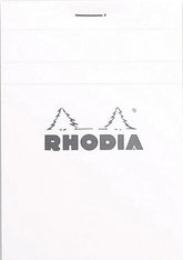 #12 top staplebound notepad with a white cover, from Rhodia.  Measures 3 ⅜ x 4 ¾" 80 Sheets (160 Pages) Available in Lined & Graph White Acid-Free Paper Paper Weight: 80 GSM