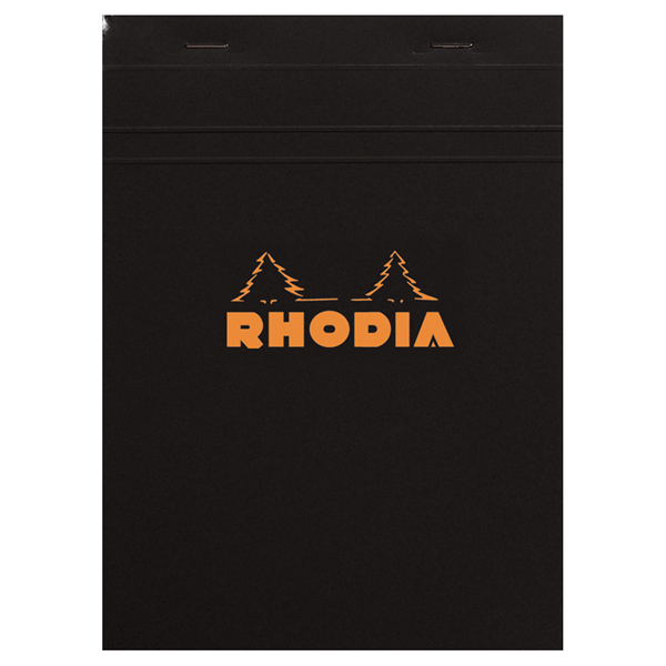 #13 top staplebound notepad with a black cover, from Rhodia.  Measures 4 x 6" 80 Sheets (160 Pages) Available in Lined & Graph White Acid-Free Paper Paper Weight: 80 GSM